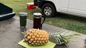 Piknik-asetelma, jossa on ananas, termospullo ja kylmälaukku puupöydällä, ja taustalla näkyy valkoinen maasturi.