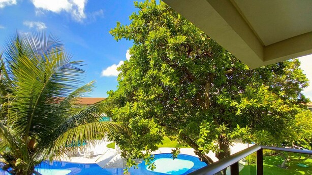 A pool area with a palm tree, a large tree, and a view of the pool from a balcony. - Flats à beira-mar no Carneiros Beach Resort (Tamandaré)