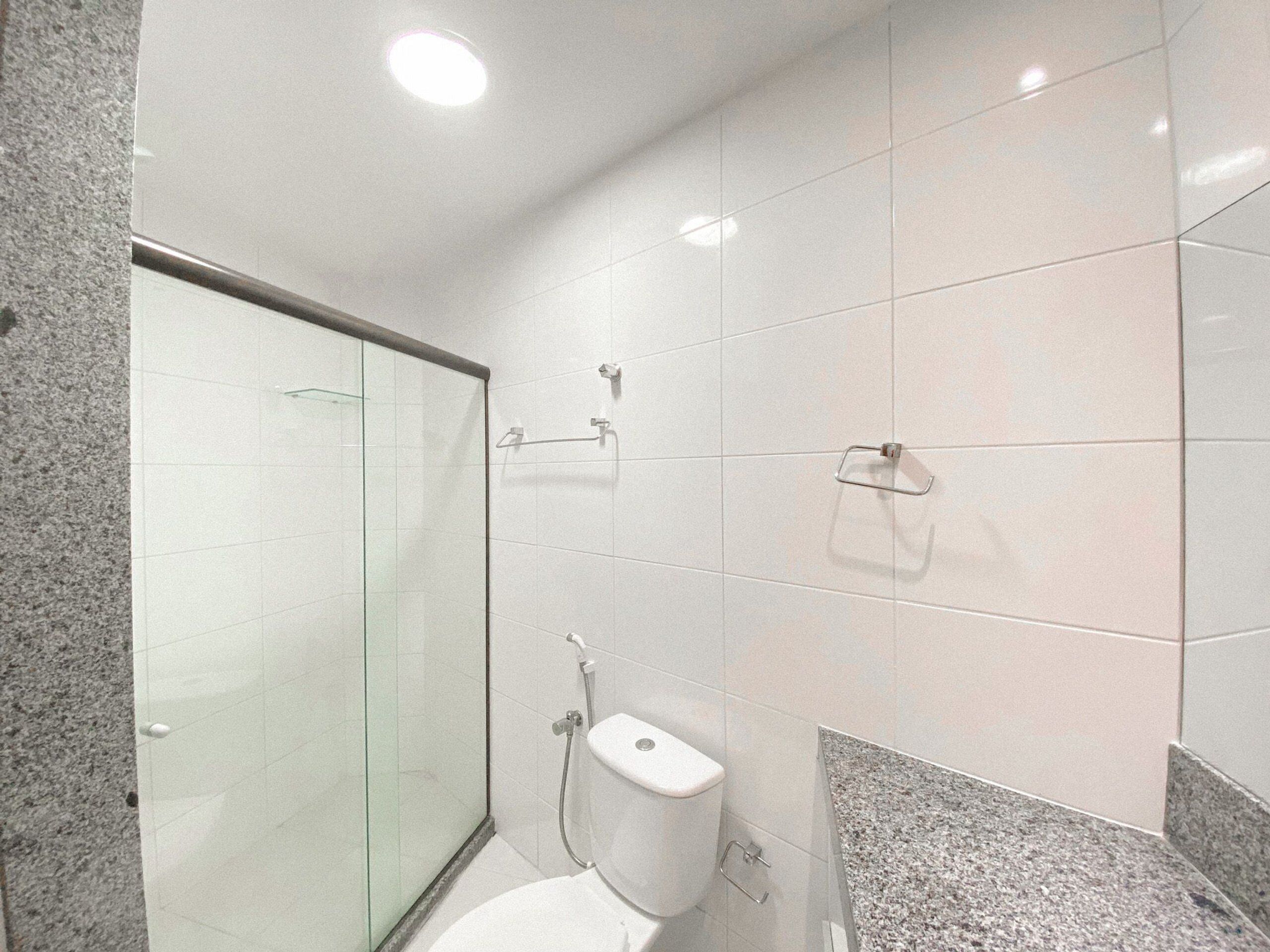 A modern bathroom with a glass shower enclosure, a toilet, and a granite countertop.