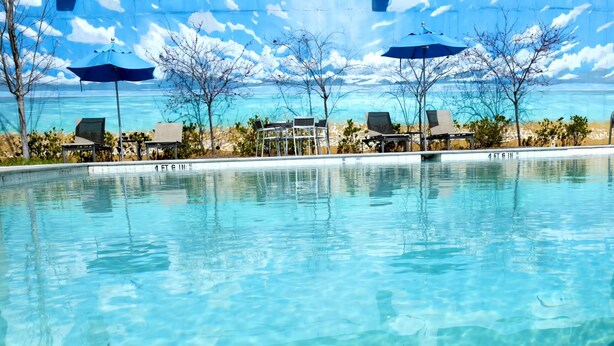 A clear swimming pool with lounge chairs and umbrellas, surrounded by trees and a view of the ocean. - Cozy Luxury Midtown 1 Bedroom Condo  (Atlanta)