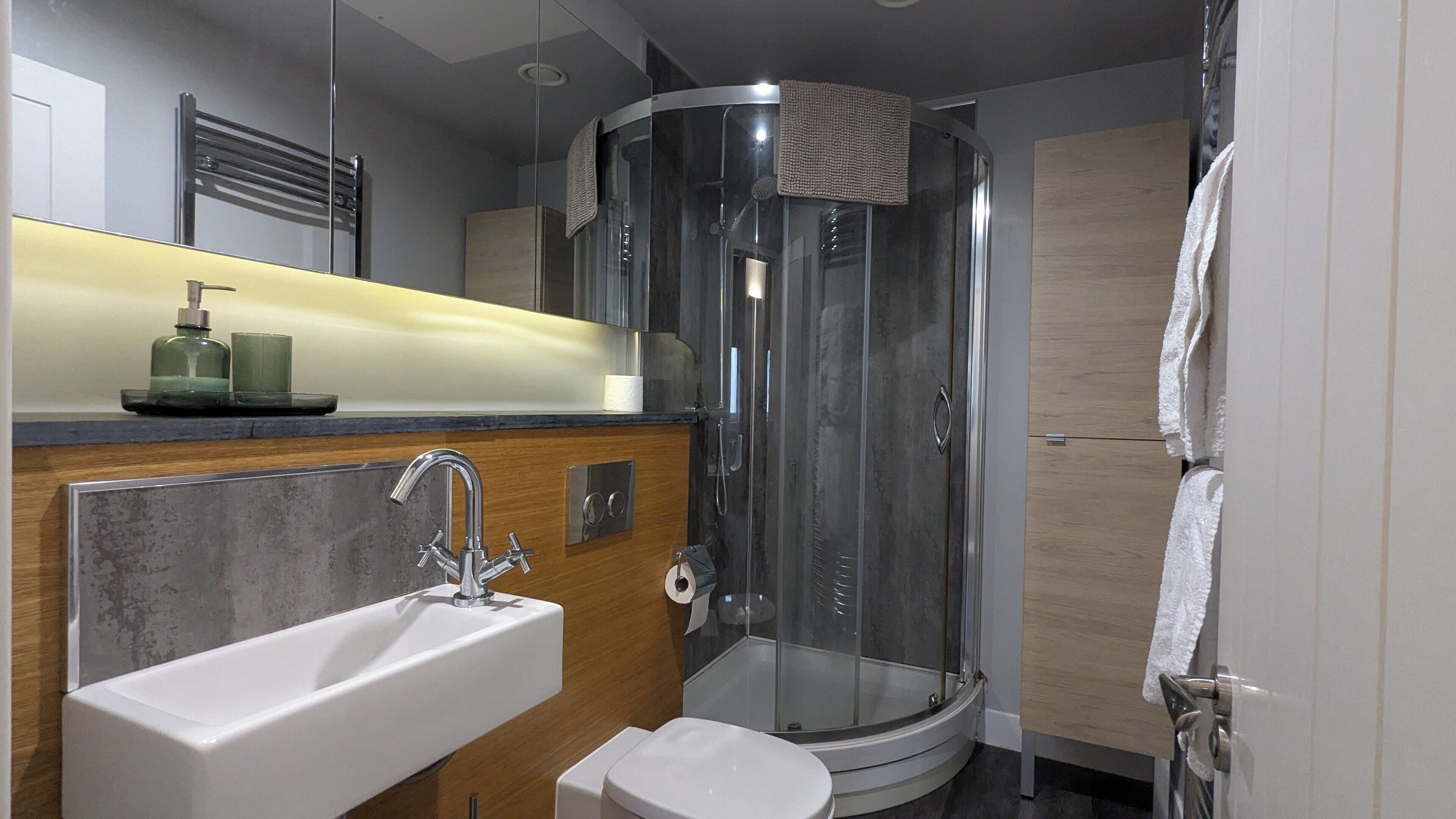 Shower, hair dryer, towels