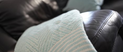 A close-up of a black leather couch with a light blue striped cushion.