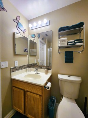 Shower, towels, soap, toilet paper