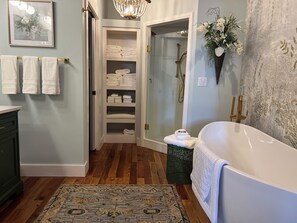 Hair dryer, towels, soap, shampoo