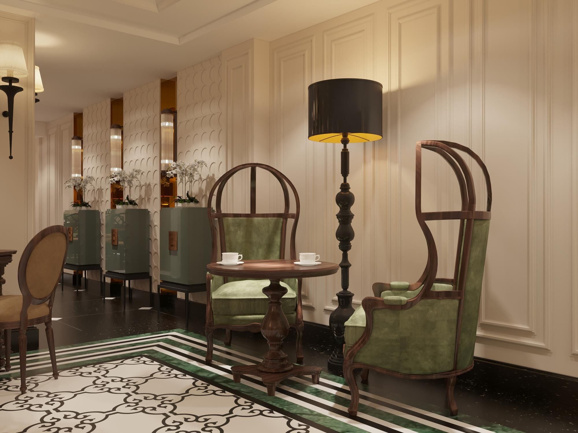 A hotel lobby with a green and white patterned carpet, a round table with a black lamp, and green upholstered chairs.