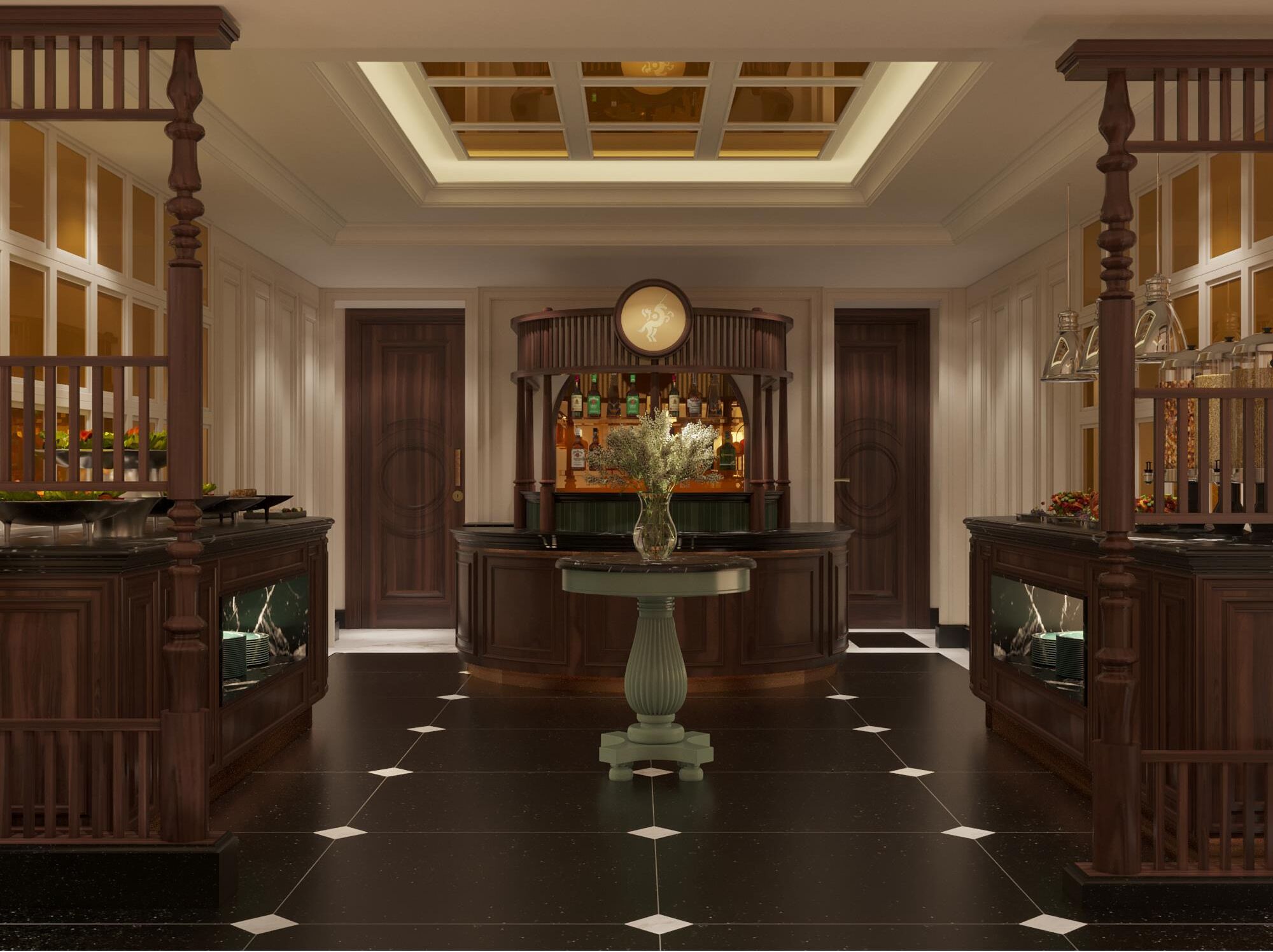 A lobby with a central bar area, a large clock, and a tiled floor.