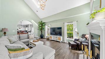 TV connectée, cheminée, livres