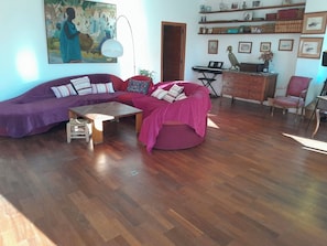 TV, caminetto, libri, impianto stereo