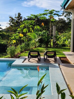 Una piscina con dos sillas de descanso, rodeada de abundante follaje y un cielo despejado.