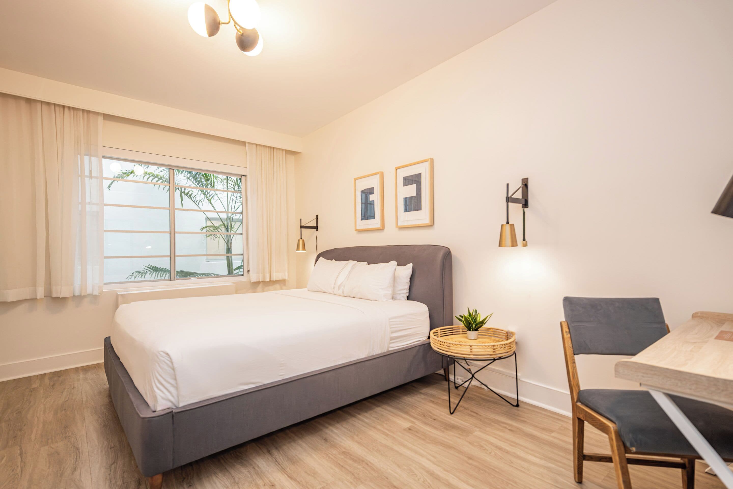 A modern bedroom with a large bed, a small side table with a plant, a chair, and a view of palm trees through the window.