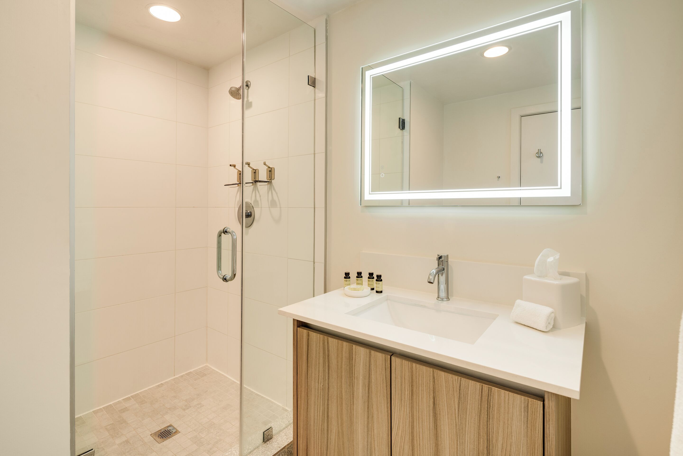 A modern bathroom with a glass shower enclosure, a vanity with a mirror, and a sink.