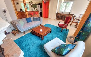 TV, fireplace, video-game console, DVD player