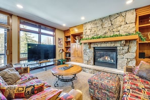 TV, fireplace - Walk to Gondola: Condo w/ Deck in Winter Park! (Winter Park)