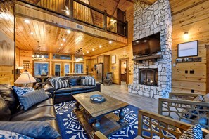 Smart TV, fireplace, books