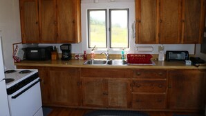 A compact kitchen with wooden cabinets, a stove, a microwave, and a sink. - Point Field (Deer Isle)