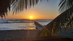 A beach scene with a boat on the sand and palm trees framing the view.