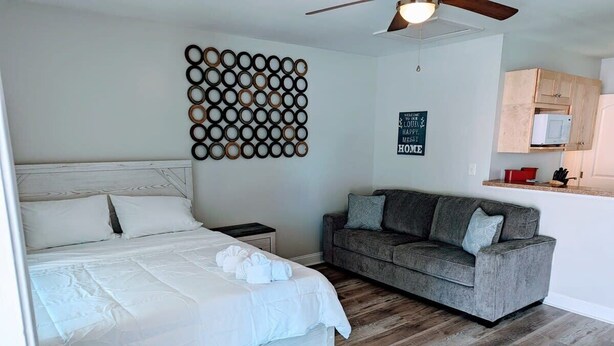 A bedroom with a bed, a gray sofa, a wall art piece, and a kitchen area with cabinets and a microwave. - Relaxing Studio Apt - Central MB (Myrtle Beach)