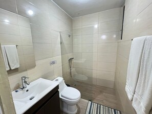 Shower, bidet, towels, soap