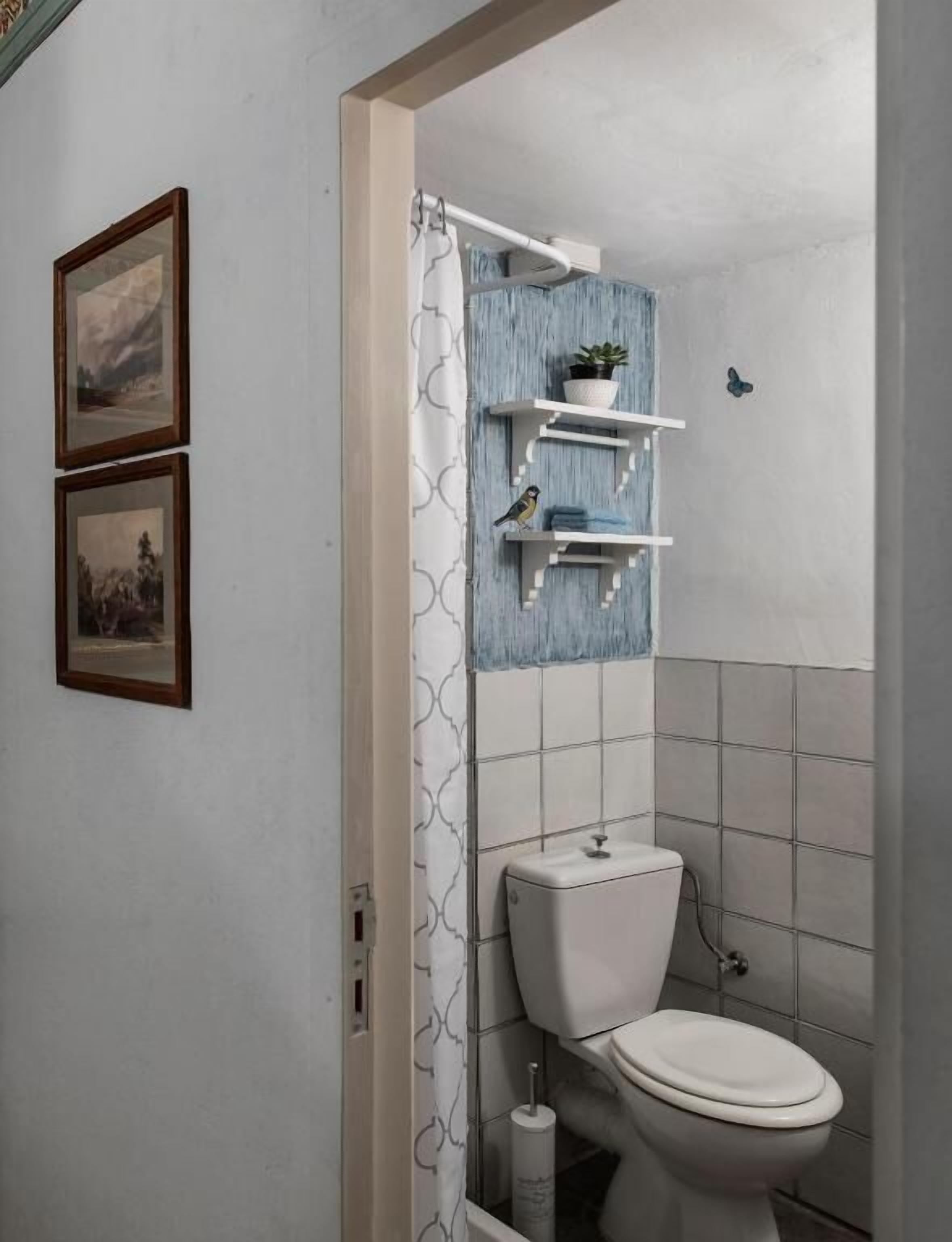 A bathroom with a toilet, a shower curtain, and two framed pictures on the wall.