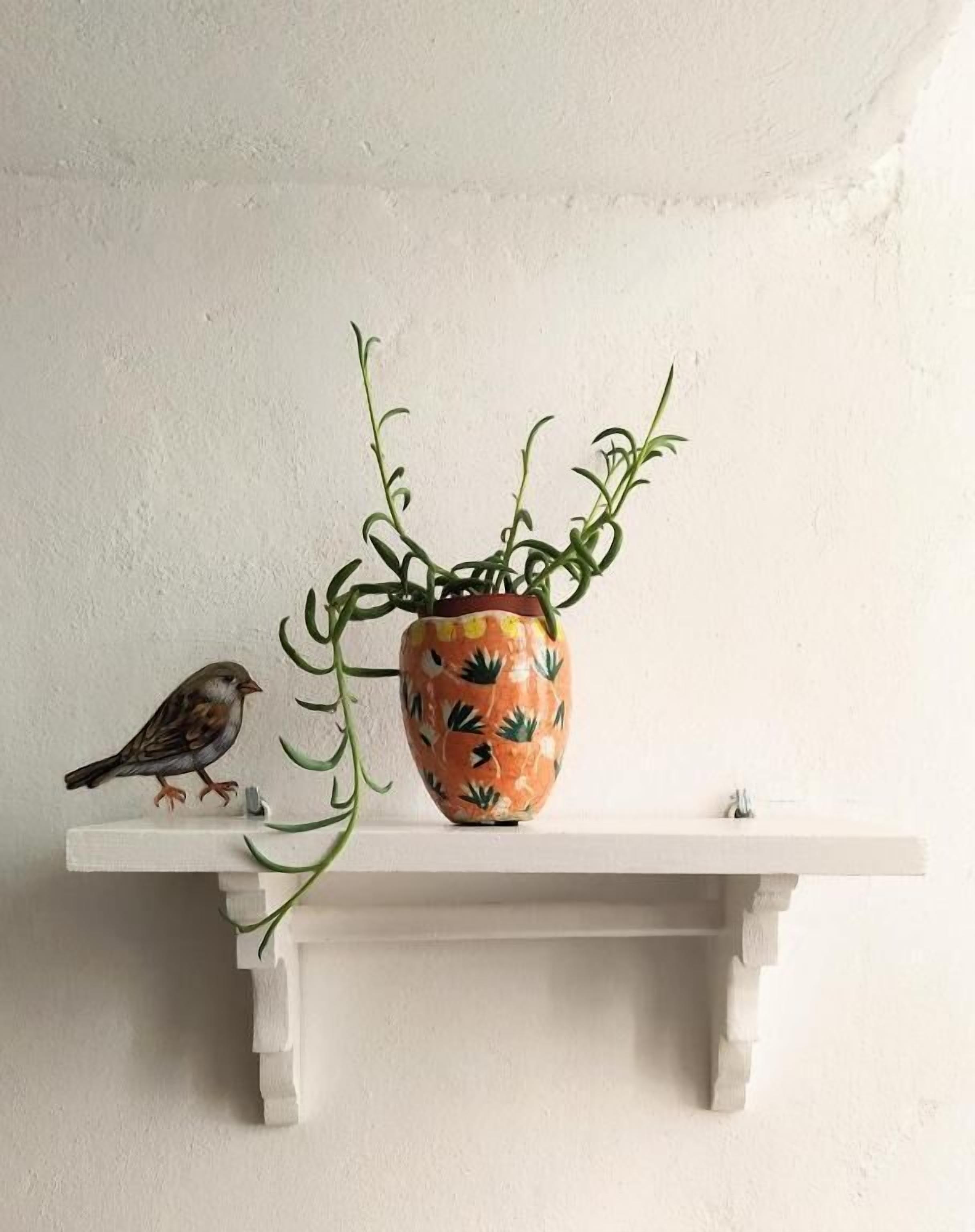 A white shelf with a ceramic pot and a plant.