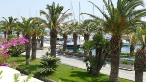 A marina with palm trees and a road in the foreground.