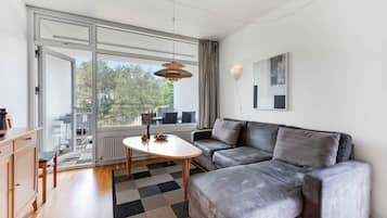 Una televisión, un reproductor de DVD, una mesa de tenis de mesa