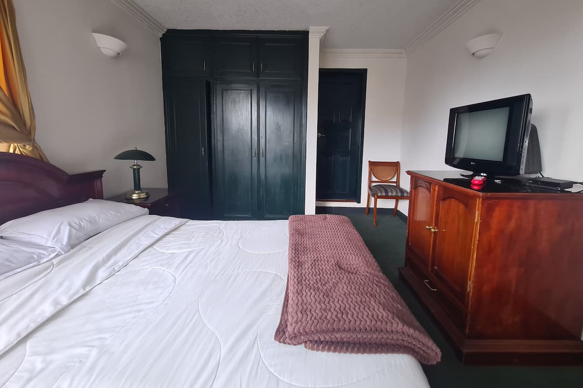 Una habitación de hotel con una cama, un escritorio con lámpara, televisión y armario.