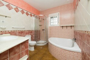 Combined shower/tub, hair dryer, bidet, towels