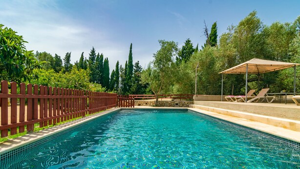 Una piscina rectangular con agua azul cristalina, rodeada por una valla de madera y abundante vegetación.