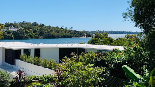 Un bâtiment moderne doté d’un toit plat, entouré d’une végétation luxuriante et offrant une vue sur une étendue d’eau.