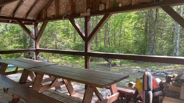 A wooden picnic table and benches under a covered area with a view of a forest.