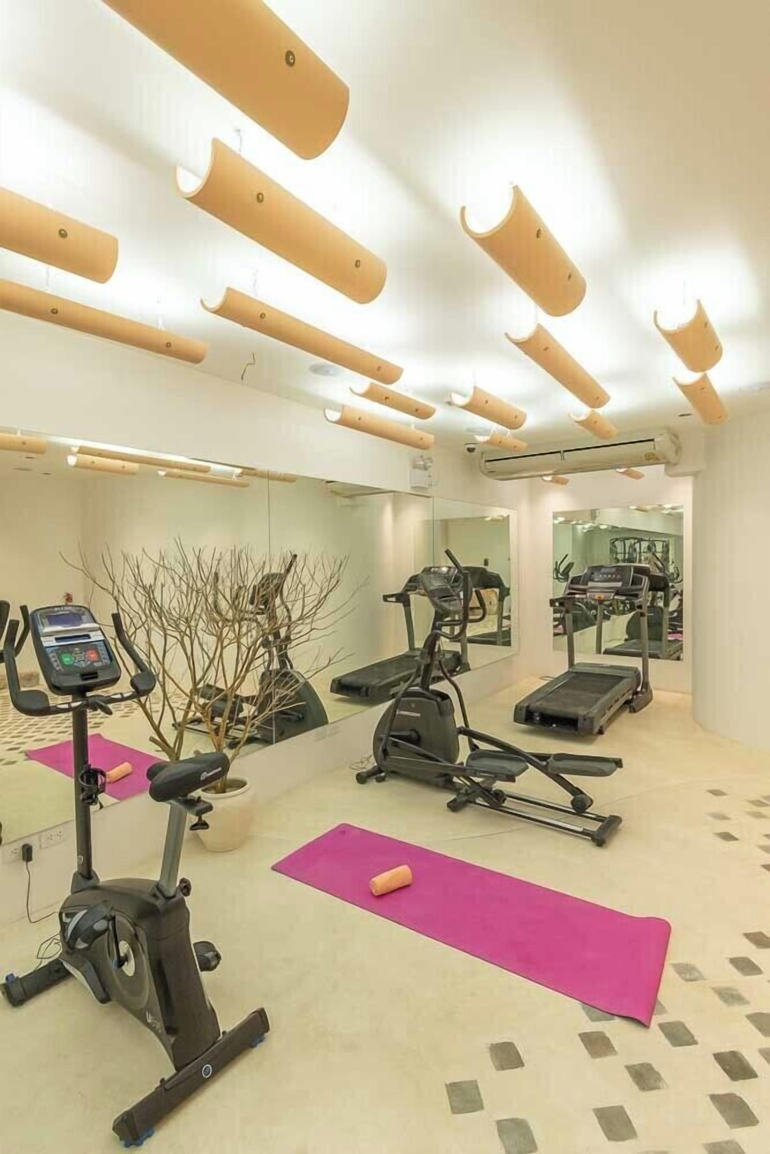 Un gimnasio con equipo de ejercicio, un espejo y una planta en maceta.