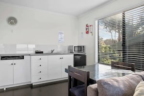 Fridge, microwave, electric kettle, toaster