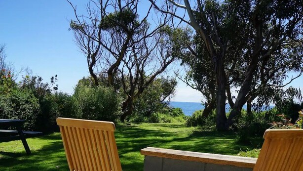 Two wooden chairs facing a grassy area with trees and a view of the ocean.