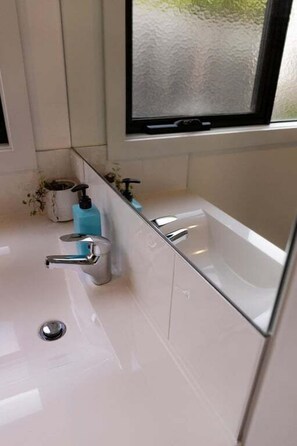 Shower, hair dryer, towels, shampoo