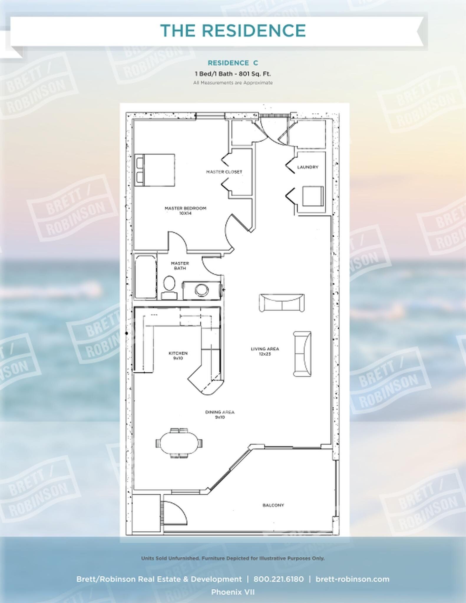 A floor plan of a residence with 1 bed and 1 bath, measuring 801 sq. ft. It includes a master bedroom, master bathroom, kitchen, dining area, living area, master closet, laundry, and a balcony.