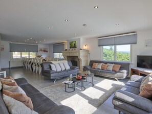 Een televisie, een open haard, een dvd-speler en een tafeltennistafel