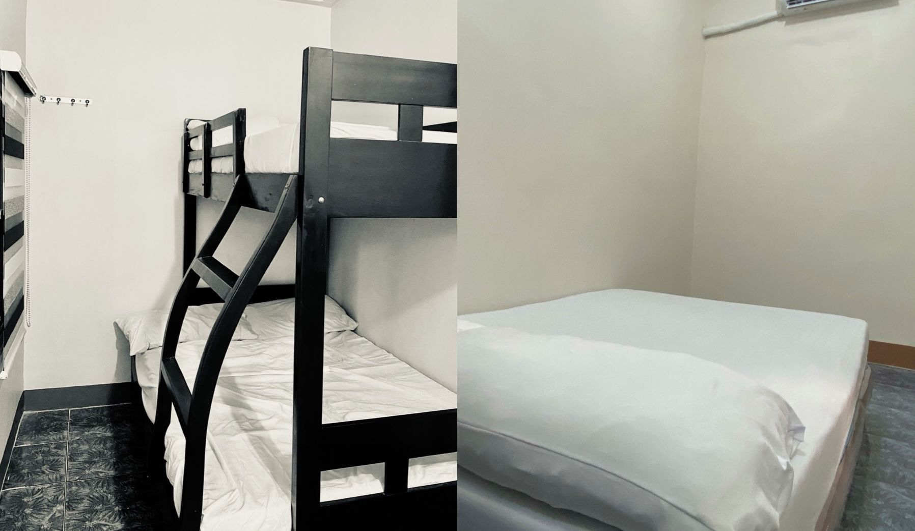 A 2nd room with a bunk bed and a single bed, white walls, and an air conditioning unit.