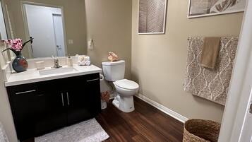 Hair dryer, towels, soap, toilet paper