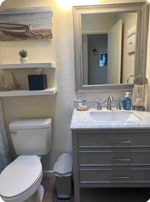 Hair dryer, towels, soap, shampoo