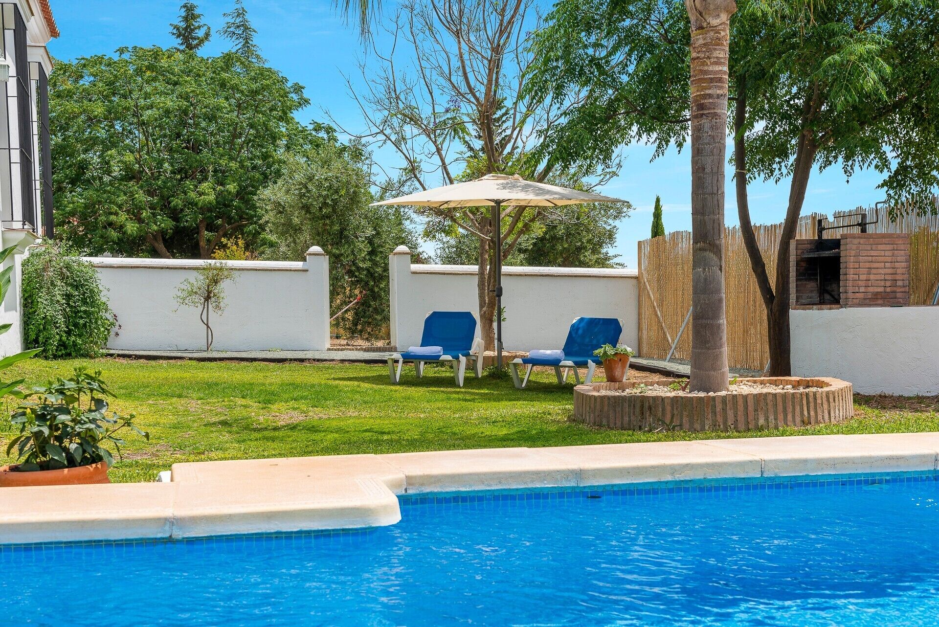 Una piscina con borde de azulejos, un área verde con dos sillas reclinables azules, y una valla de madera al fondo.