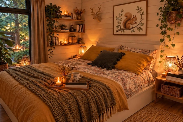 A cozy bedroom with a bed, bedside tables, a window, and a wall-mounted deer head decoration.