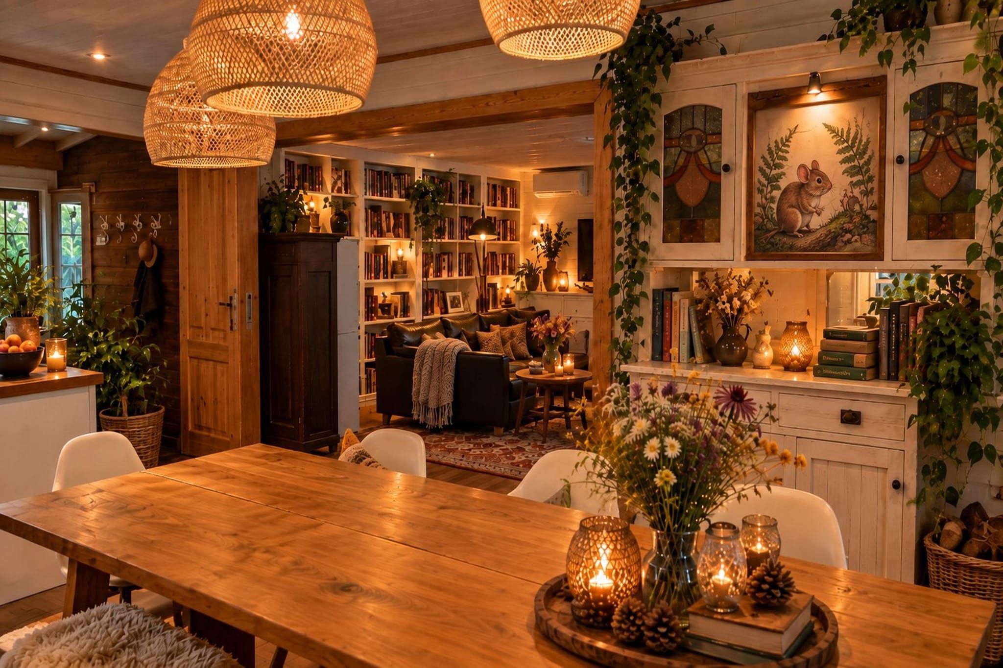 A cozy interior with a wooden dining table, bookshelves, and a fireplace.