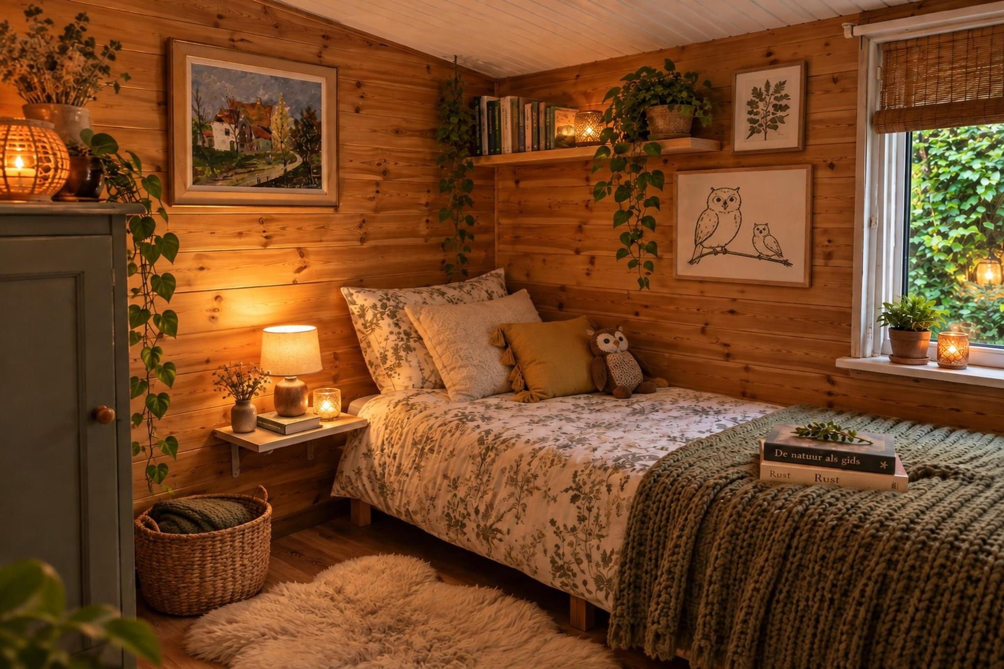 A cozy bedroom with a bed, bedside table, lamp, and a window with plants.