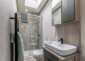 A modern bathroom with a glass shower enclosure, a toilet, a sink with a mirror above, and a towel rack.
