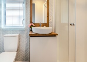 A bathroom with a white toilet, a round sink on a wooden countertop, a mirror above the sink, and a shower door.