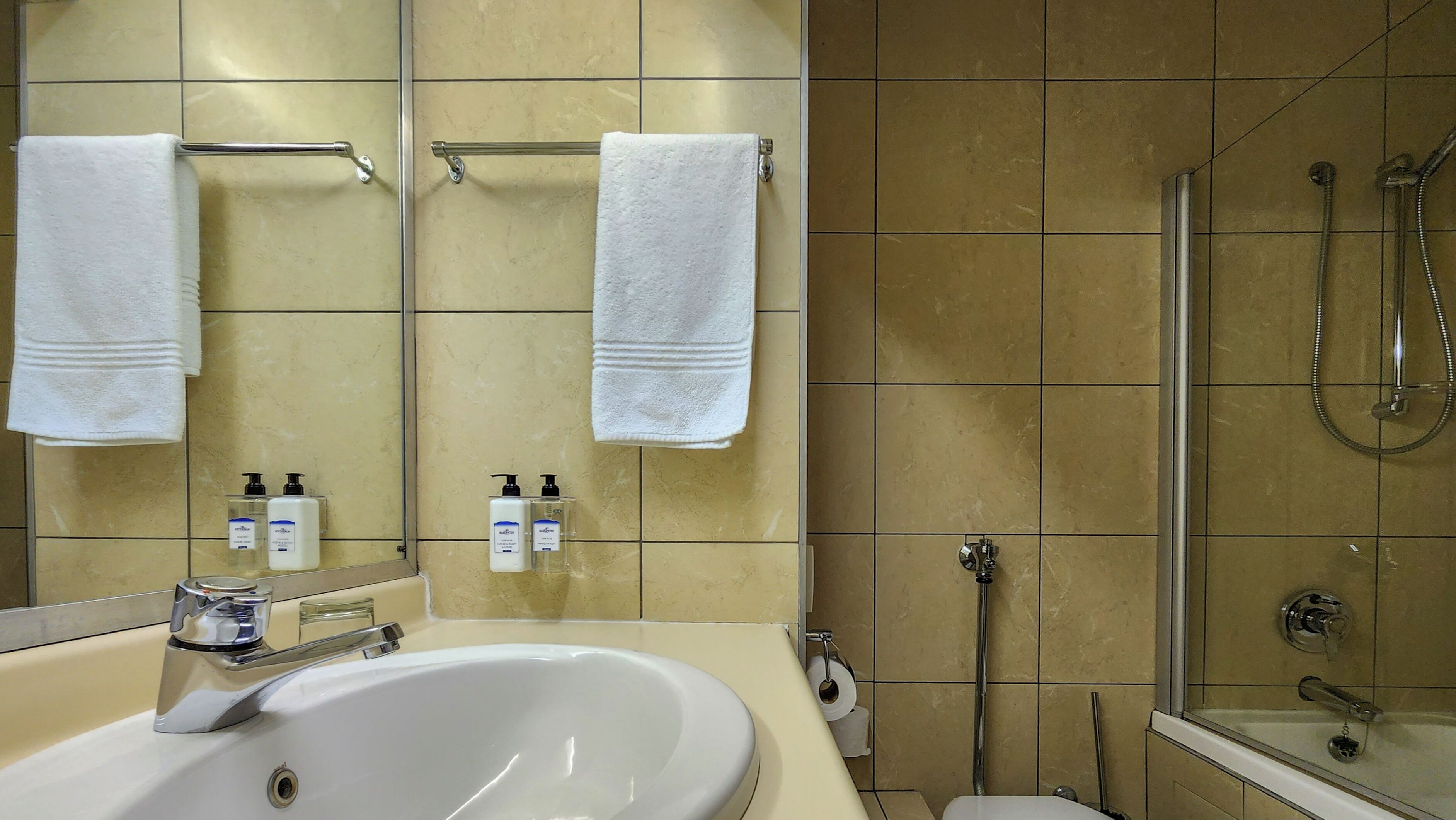 A bathroom with a sink, mirror, two towels, toiletries, and a shower.