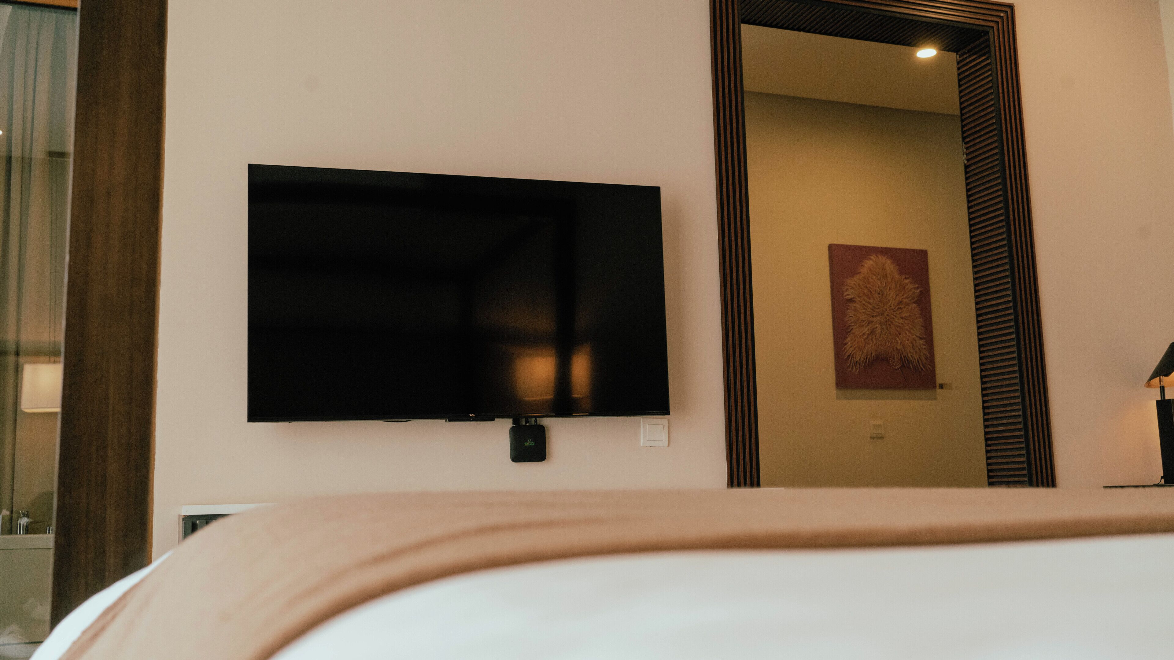 Una habitación con televisión de pantalla plana en la pared, un espejo grande y un cuadro colgado.