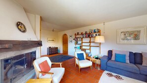 Televisión, chimenea y libros 