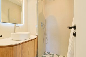 Shower, hair dryer, towels